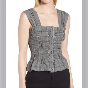 LEWIT Smocked Check Cotton Peplum Top Tank Black and White Button WOMEN’S Small